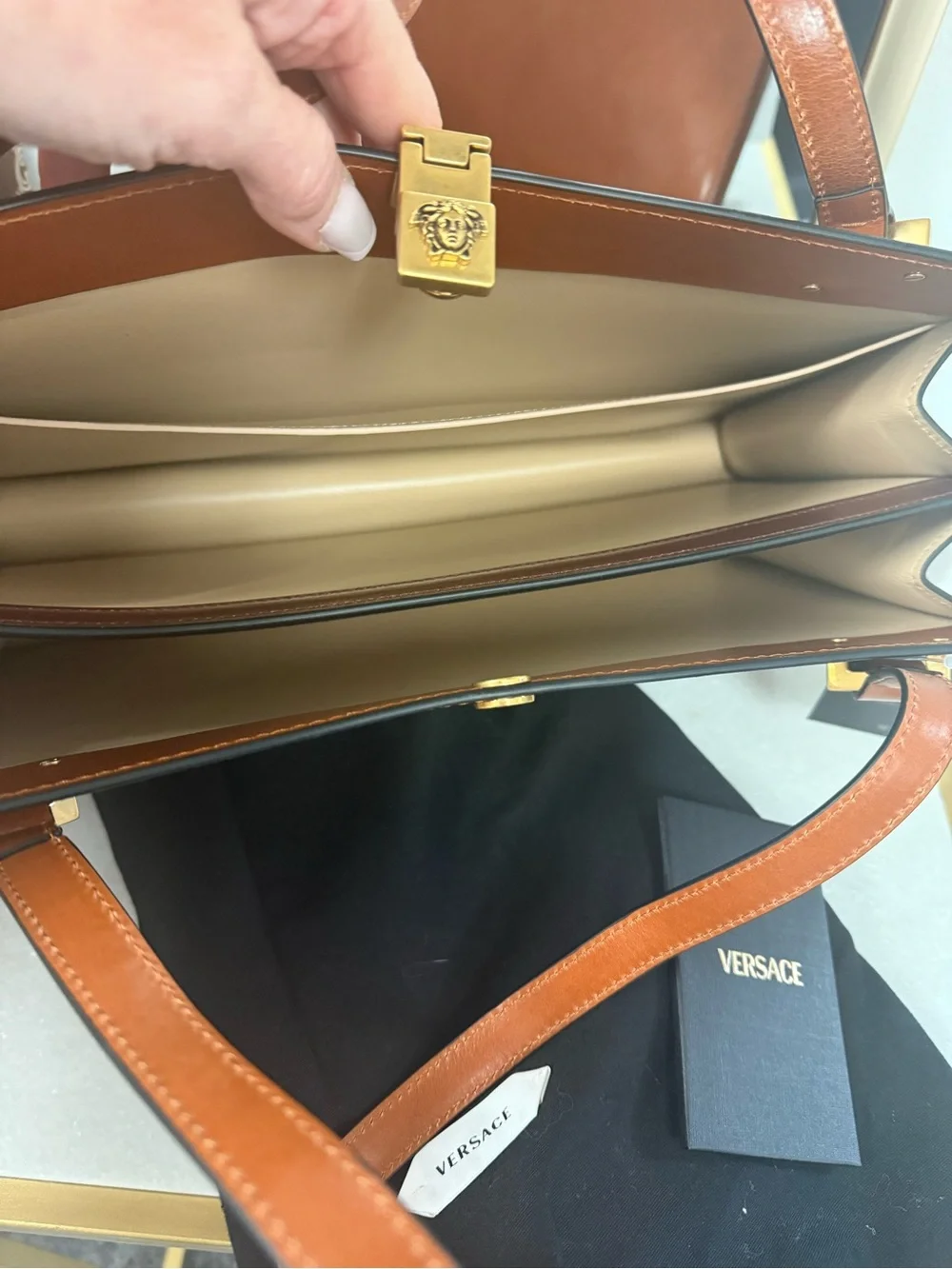 Versace Tan Leather Tote with Gold Medusa Lock